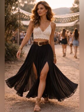 BCBG MaxAzria Black Pleated With Slits Maxi Skirt Flowy Elegant Festival Size XS